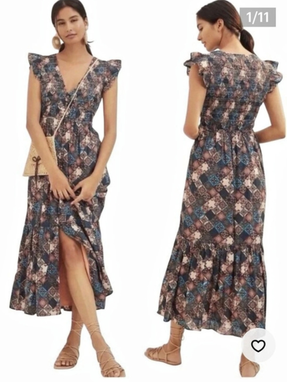 Anthropologie Peregrine Patchwork Midi Dress Smocked Flutter Sleeve S